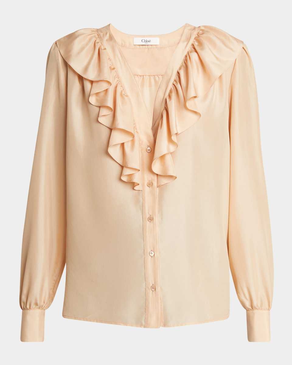 Ruffled V-Neck Silk Blouse